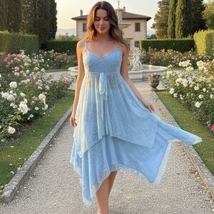 Light Blue Floral hand beaded Attitudes by Debra top and skirt set.